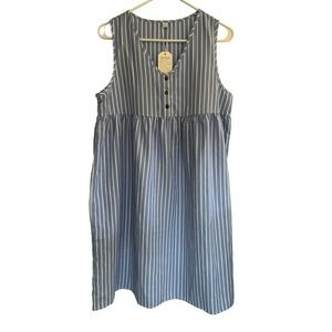 Blue White Striped Sleeveless Babydoll Mini Dress V-Neck Recycled Fabric Large